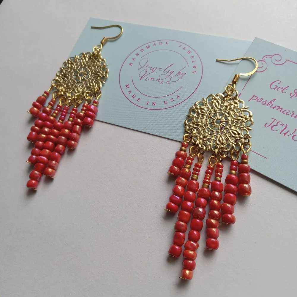 Hand Crafted Gold and Orange Beaded Earrings - Picture 4 of 6